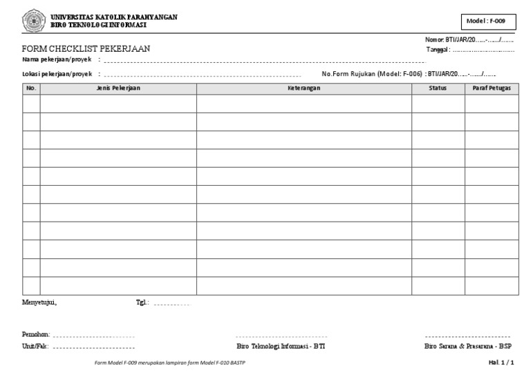 Form Model F009 Checklist Pekerjaan