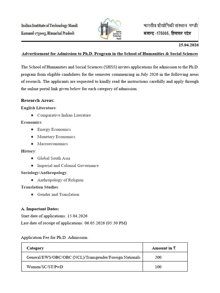 PHD Advertisement April 2026 | PDF | Doctor Of Philosophy ...