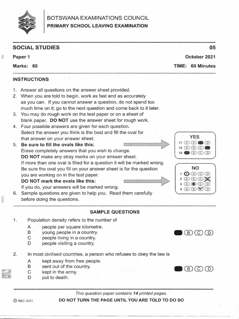 Psle Social Studies 2021 - 20220622 - 0001 | PDF | Botswana | Soil