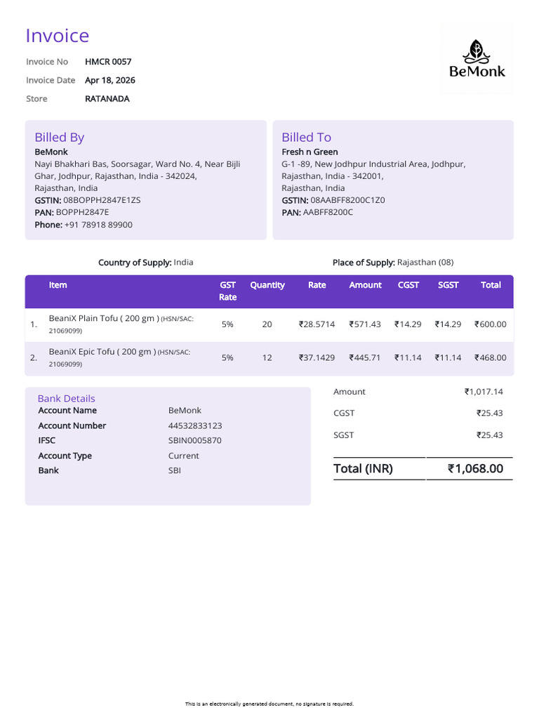Invoice Hmcr 0057 Bemonk Fresh n Green (1) | PDF | Narendra Modi | Sales