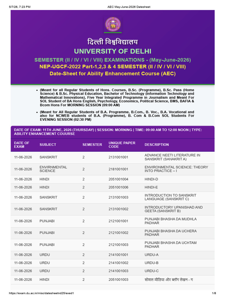 AEC May June 2026 Datesheet 1 | PDF | Sanskrit | Urdu
