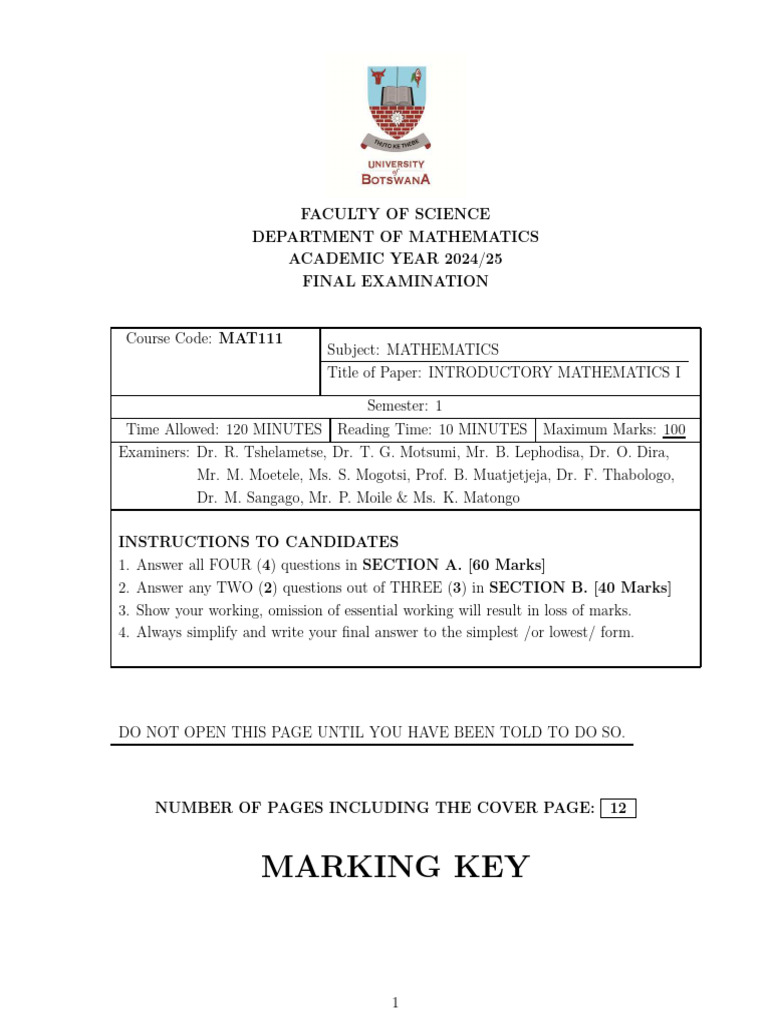 Mat111 Exam Marking Key (Nov 2024) | PDF | Quadratic Equation | Circle
