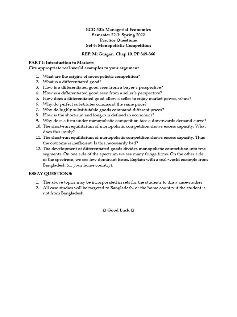 BRAC- 22-1- Eco 501- Practice Questions- Set 6- Monopolistic ...