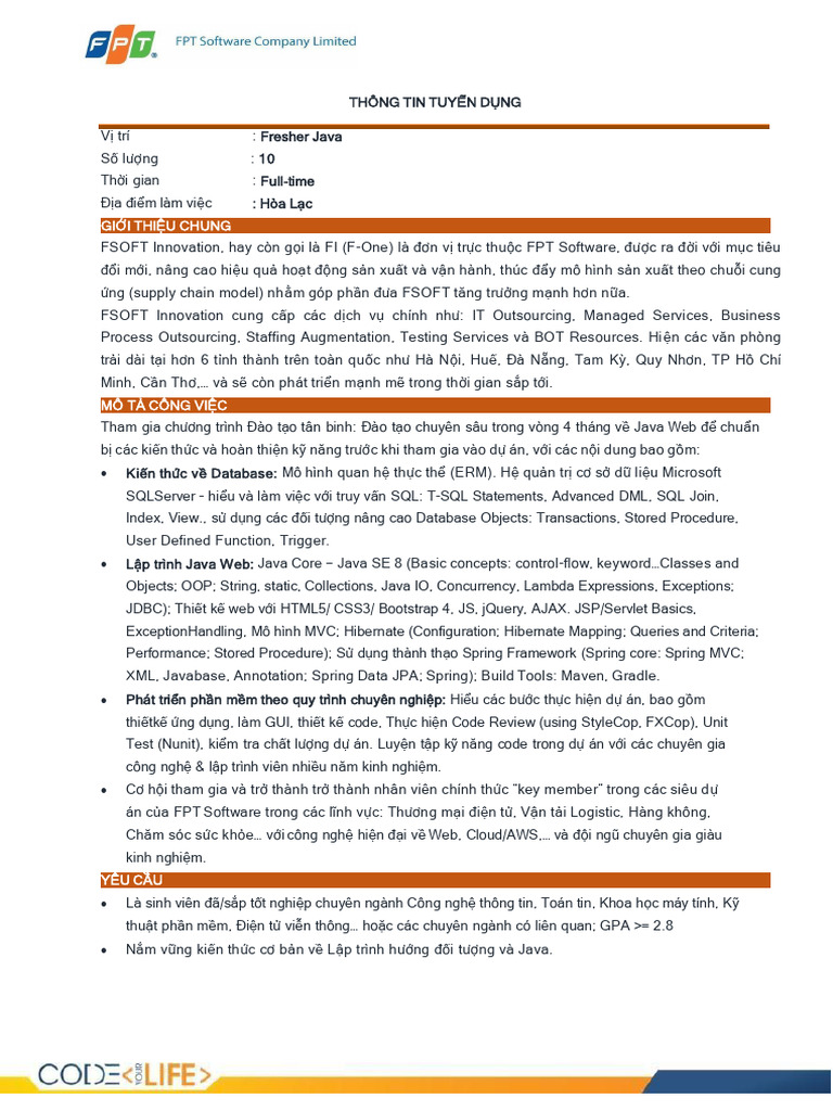 FPT Software JD Fresher Java | PDF