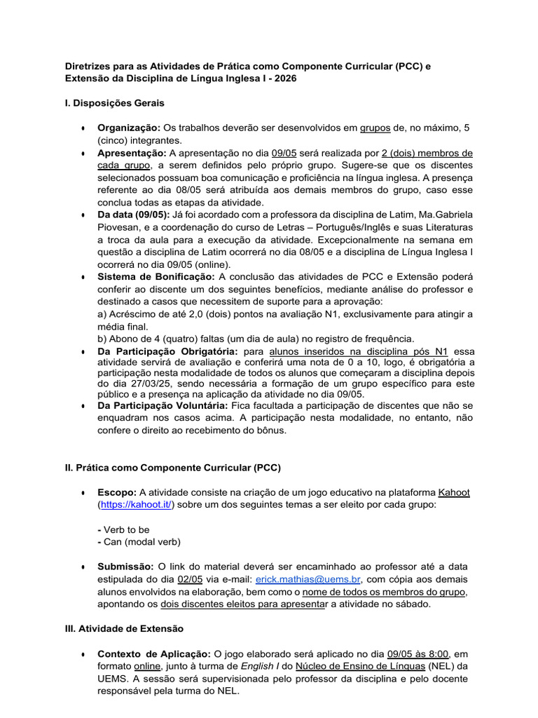 Diretrizes para As Atividades de PCC e Extensão Da Disciplina de Língua ...