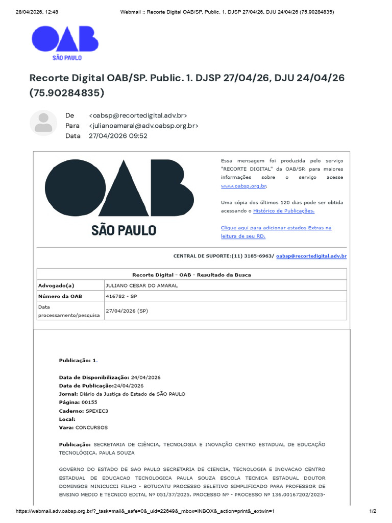 Webmail - Recorte Digital OAB - SP. Public. 1. DJSP 27 - 04 - 26, DJU ...