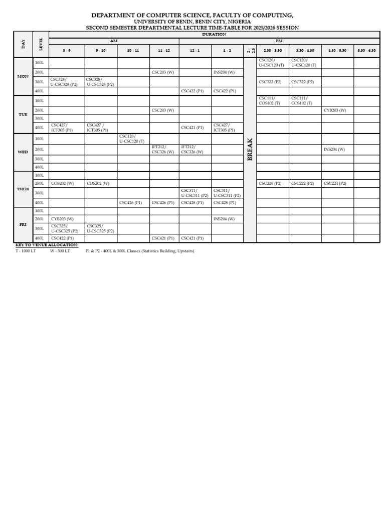 Second Semester 2025-2026 Lecture Timetable | PDF