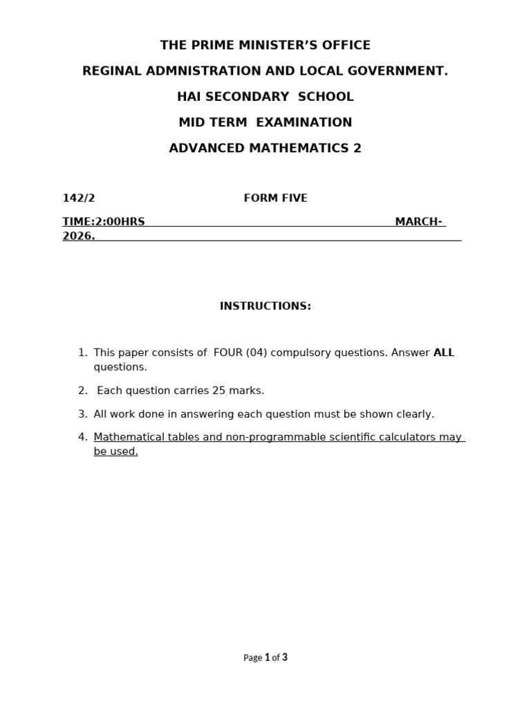 Adv Math p2 Mid Term March 2026 Mudio | PDF | Mathematics