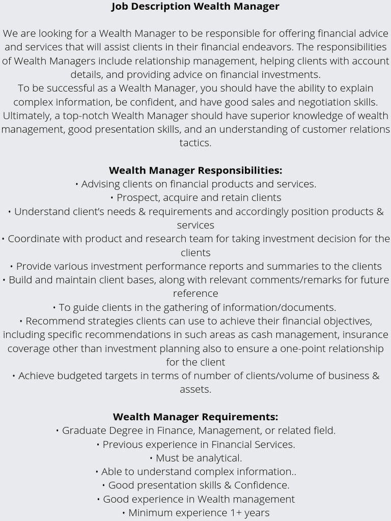Job Description Wealth Manager | PDF