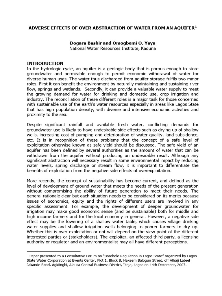 Adverse Effects of Over Abstraction of W | PDF | Aquifer | Groundwater