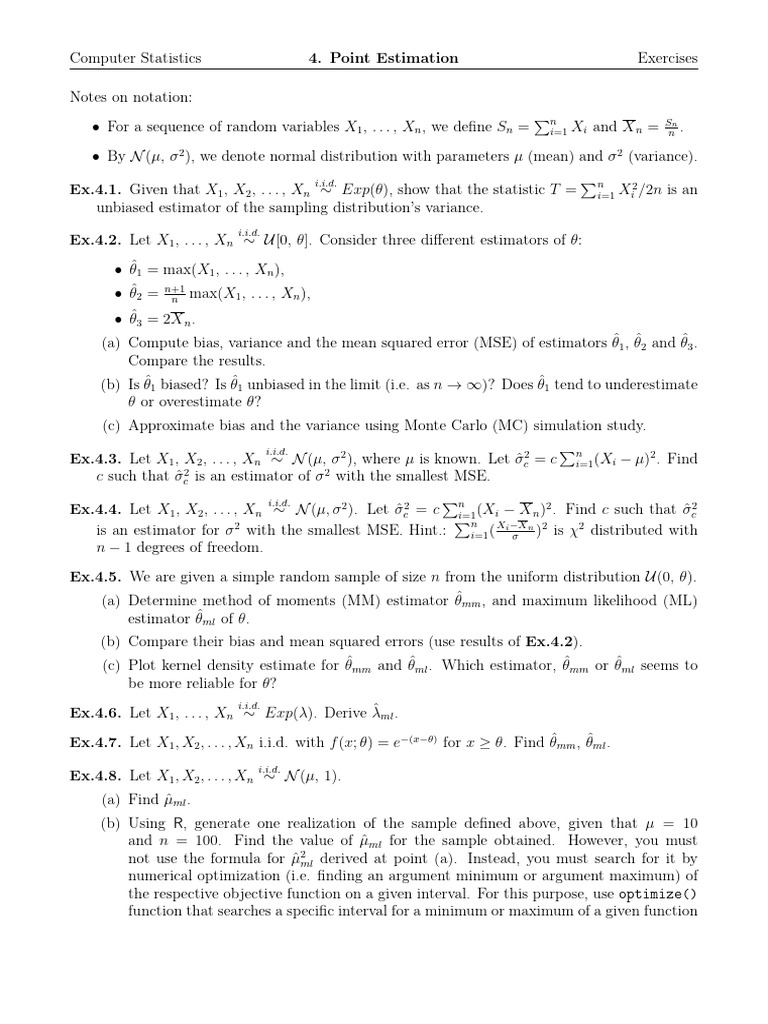 Exercises 4 Point Estm | PDF | Bias Of An Estimator | Estimator
