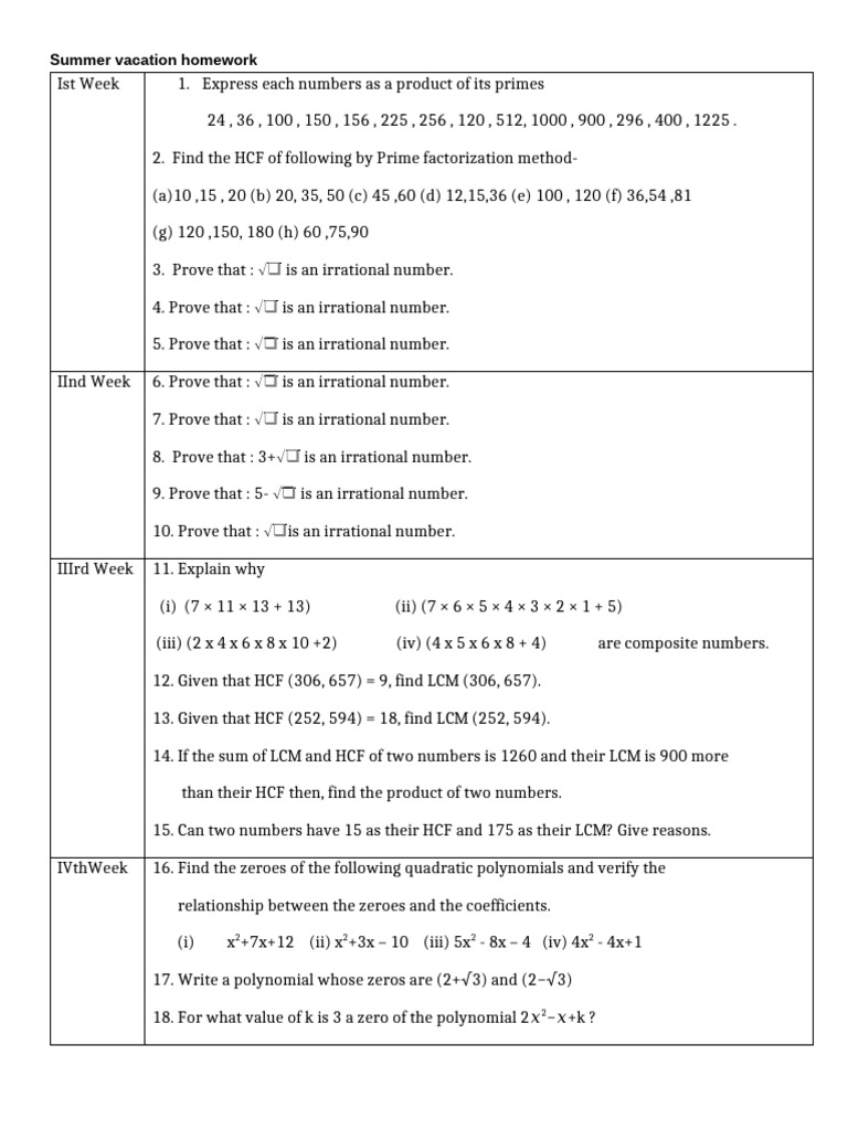 Class 10th Summer Vacation Homework | PDF | Polynomial | Zero Of A Function
