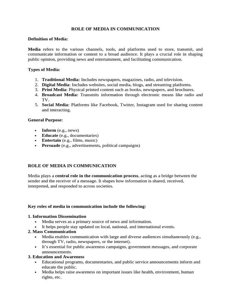 Role of Media in Communication 2 | PDF | Communication | Mass Media