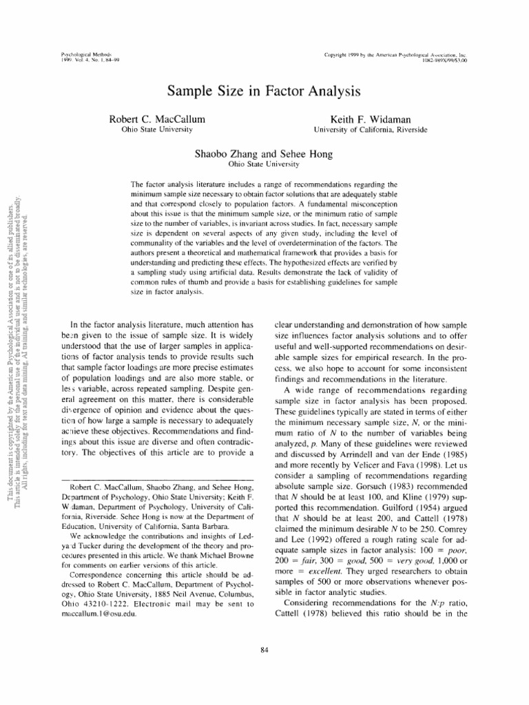 Sample Size in Factor Analysis | PDF | Covariance | Factor Analysis