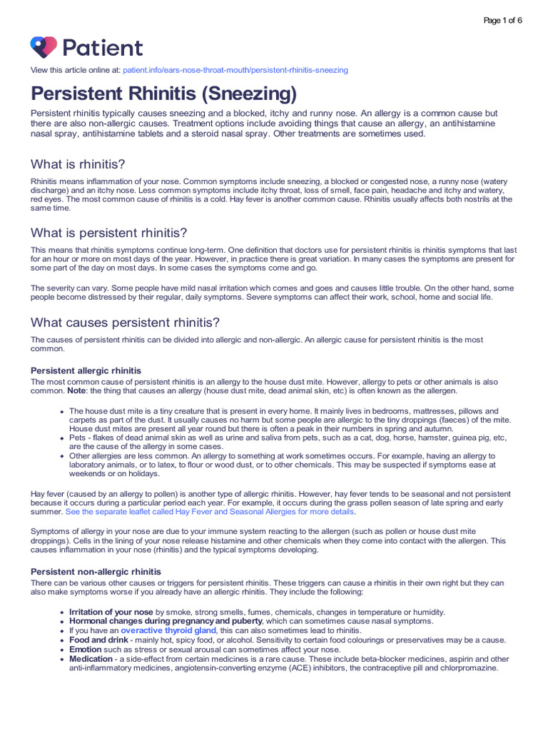 Persistent Rhinitis Patient Information Sheet | PDF | Allergy | Allergen