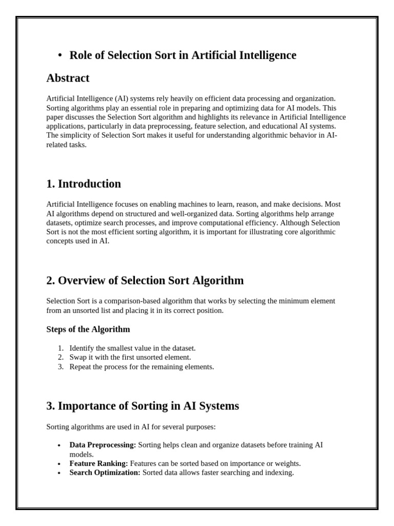 Role of Selection Sort in Artificial Intelligence | PDF | Intelligence ...