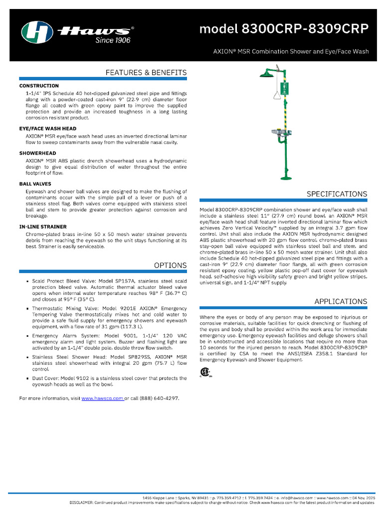 Haws Model 8300crp 8309crp Specsheet PDF Duchas | PDF | Valve | Shower
