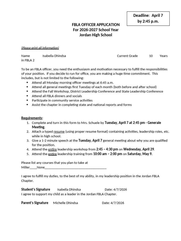 FBLA Officer Application - 26-27 | PDF