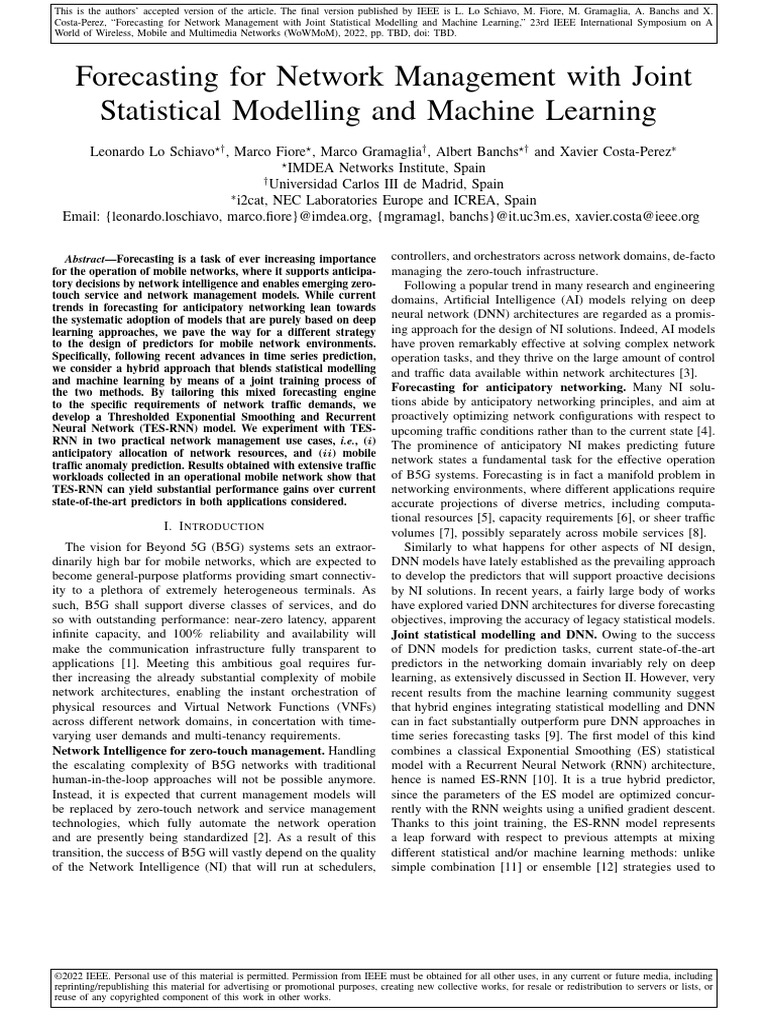 Forecasting for Network Managment with Joint Statistical Modelling and ...