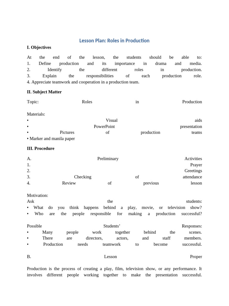 Roles in Production Lesson Plan Formatted | PDF | Chess Theory | Chess