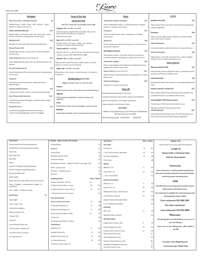 Fiore Restaurant Menu 2024 | PDF | Pesto | Sauce