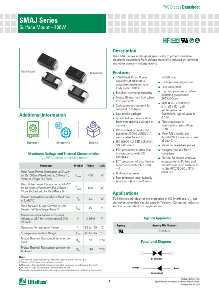 Littelfuse TVS Diode SMAJ Datasheet | PDF