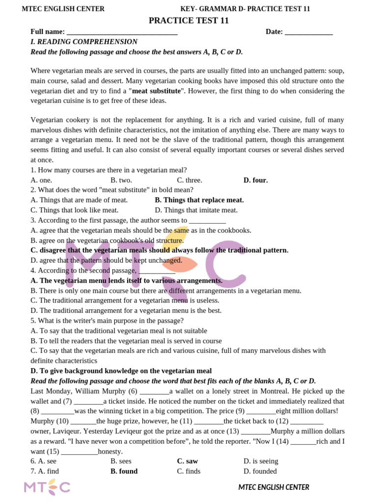 KEY - GRAMMAR - PRACTICE TEST 11 | PDF | Meal | Cookbooks