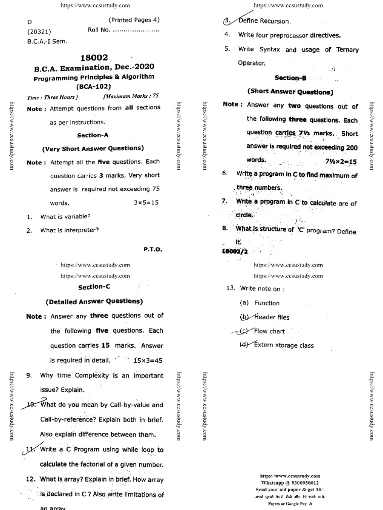 Bca 1 Sem Programming Principles and Algorithm 18002 Dec 2020 | PDF