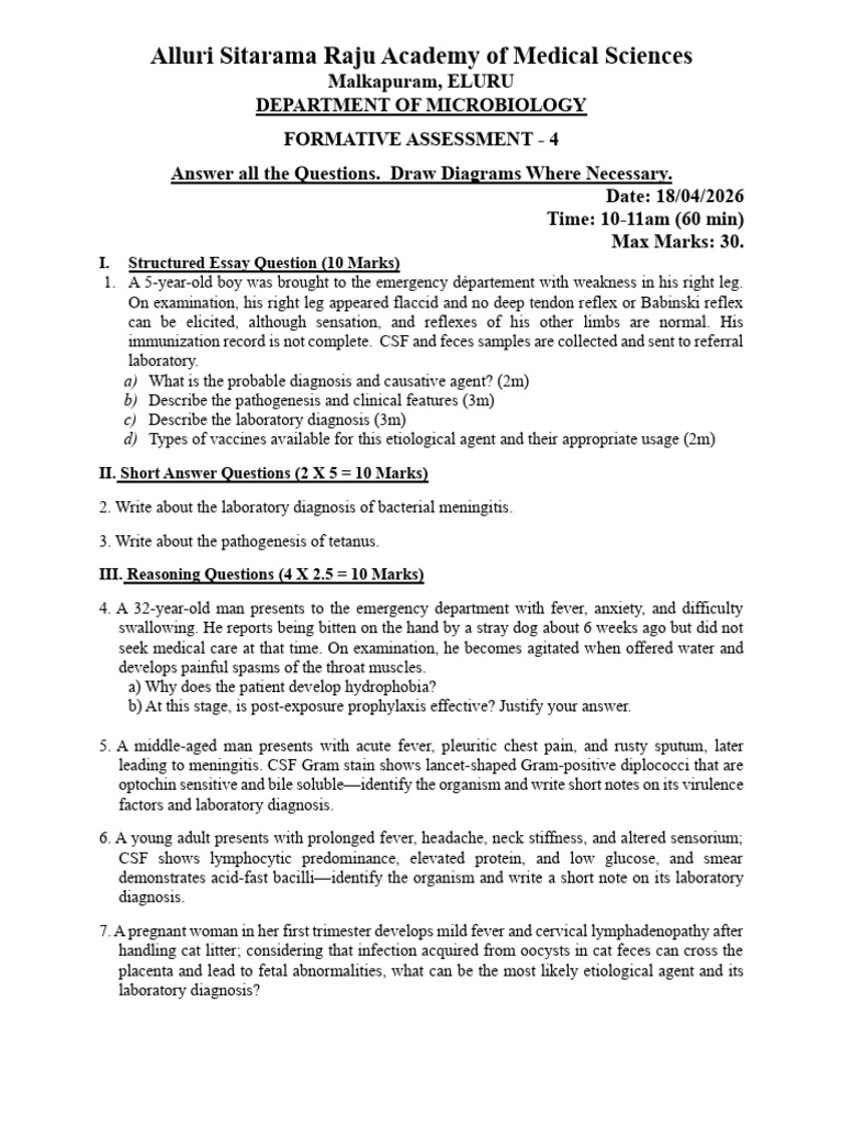 FA-4 Question Paper 18.04.2026 | PDF | Meningitis | Microbiology