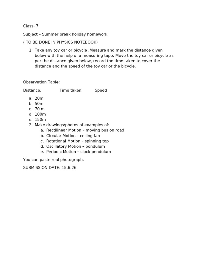 Class 7 Physics Holiday Homework (1) | PDF