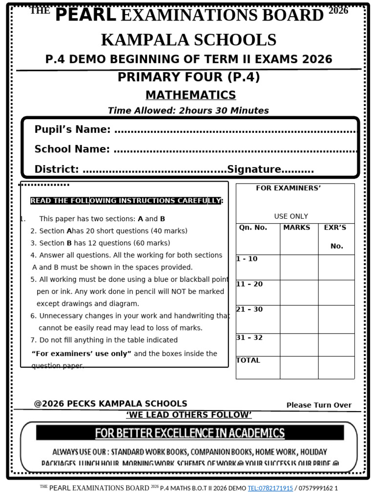 Pearl Demo p.4 Maths Term II Exams 2026_051435 | PDF