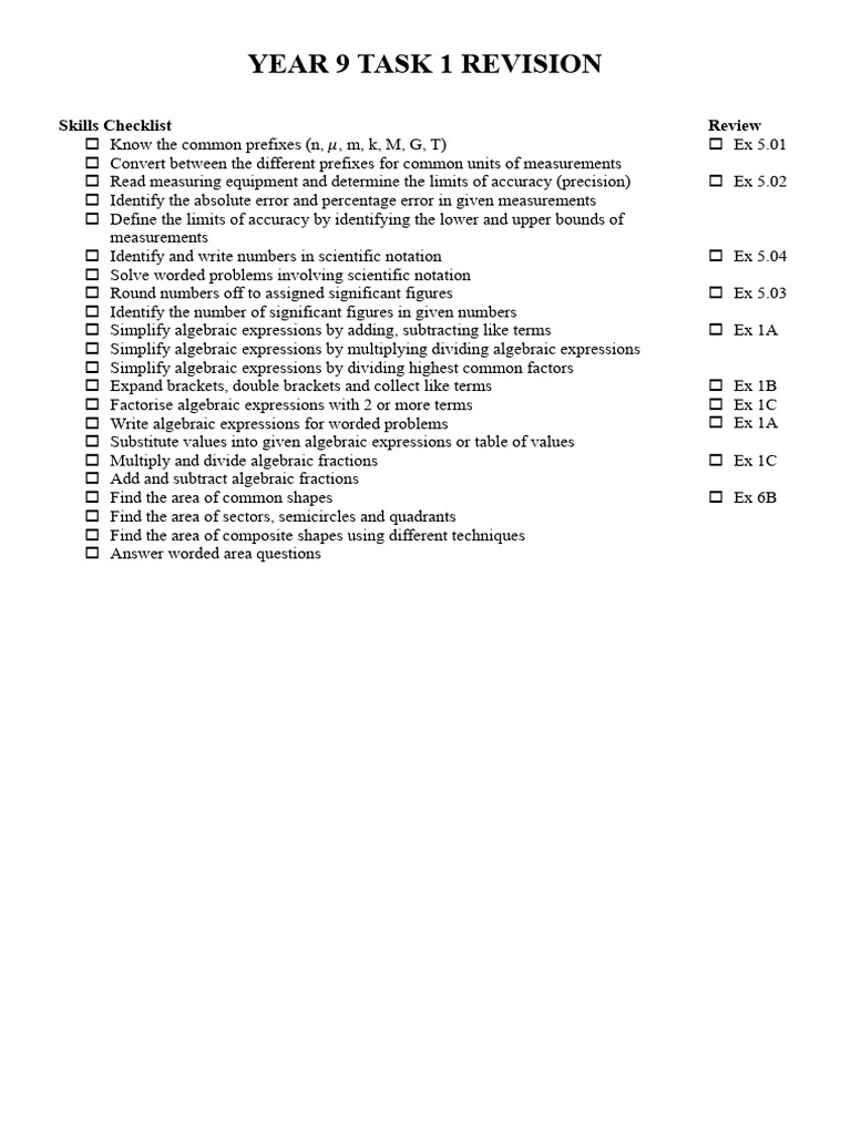 Year 9 Task 1 Revision Booklet | PDF