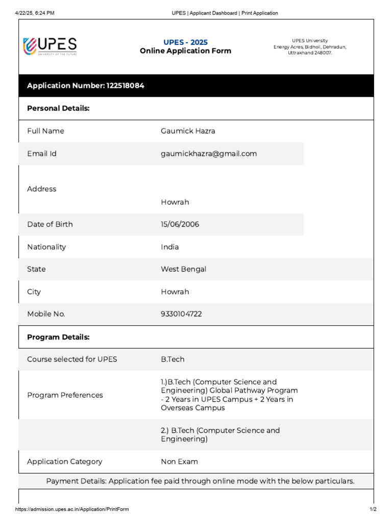 UPES _ Applicant Dashboard _ Print Application | PDF | Services ...