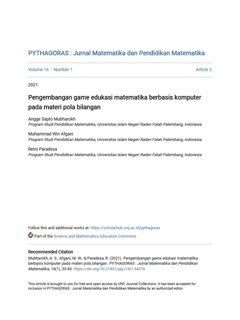 Pengembangan game edukasi matematika berbasis komputer pada mater | PDF