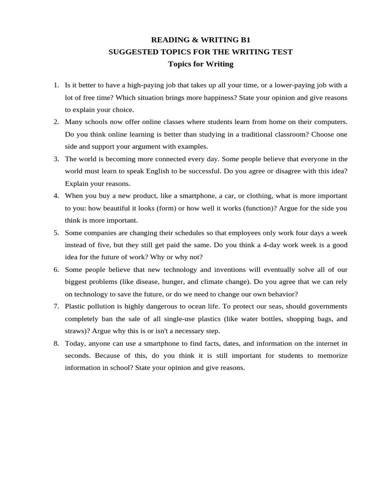 Suggested Topics for the Final Test (Writing Session) | PDF