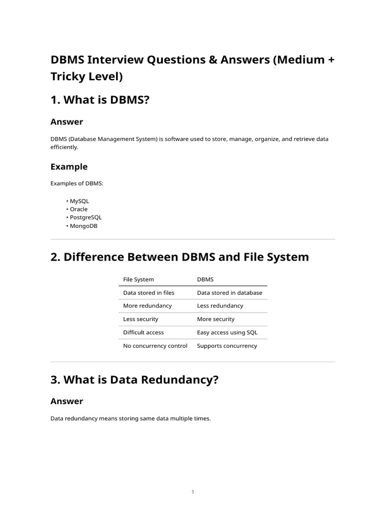 Dbms Interview Questions Answers Medium Tricky SQL Examples | PDF ...