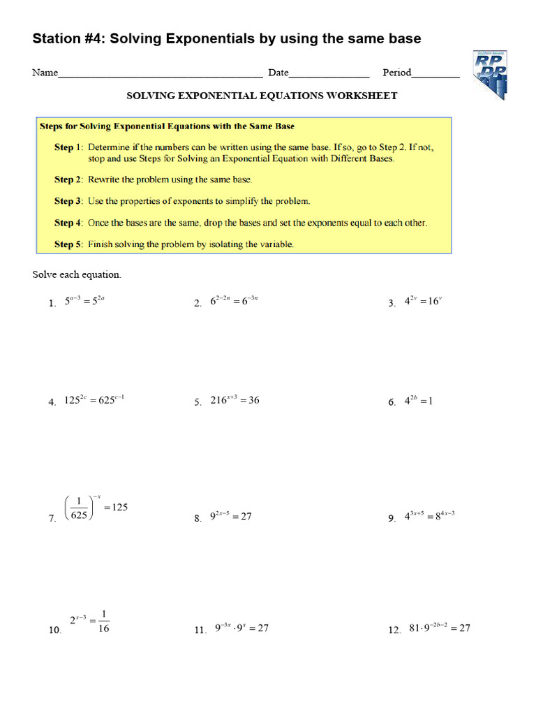 Station #4_ Solving Exponentials by Using the Same Base | PDF