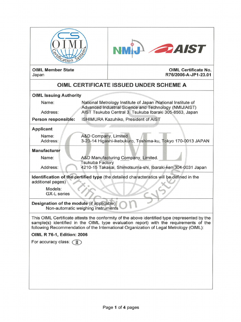 OIML Certificate GX L Series | PDF