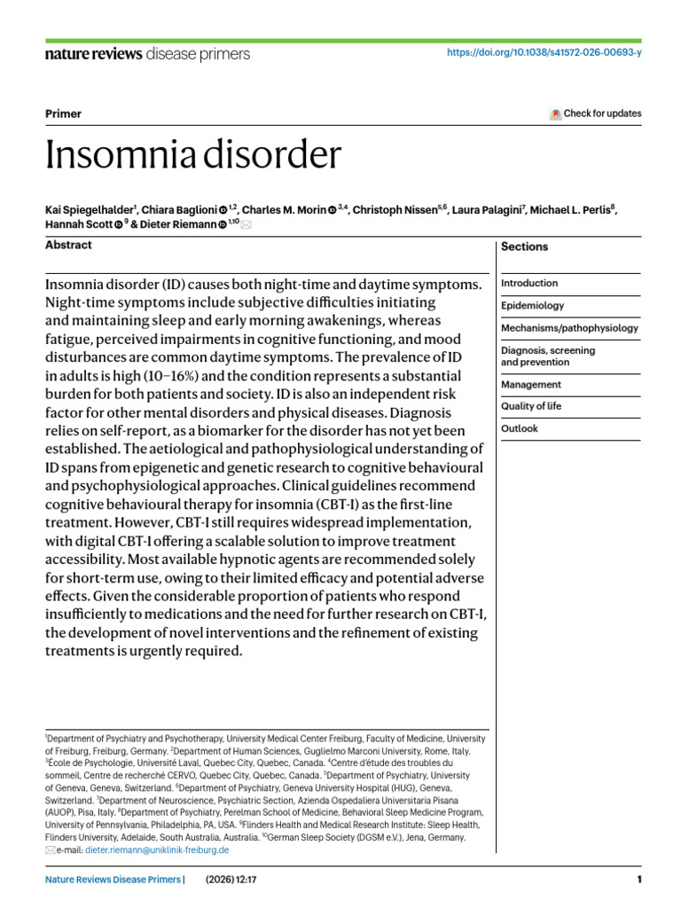 2026 Nature Review - Insomnia | PDF | Sleep Disorder | Mental Disorder