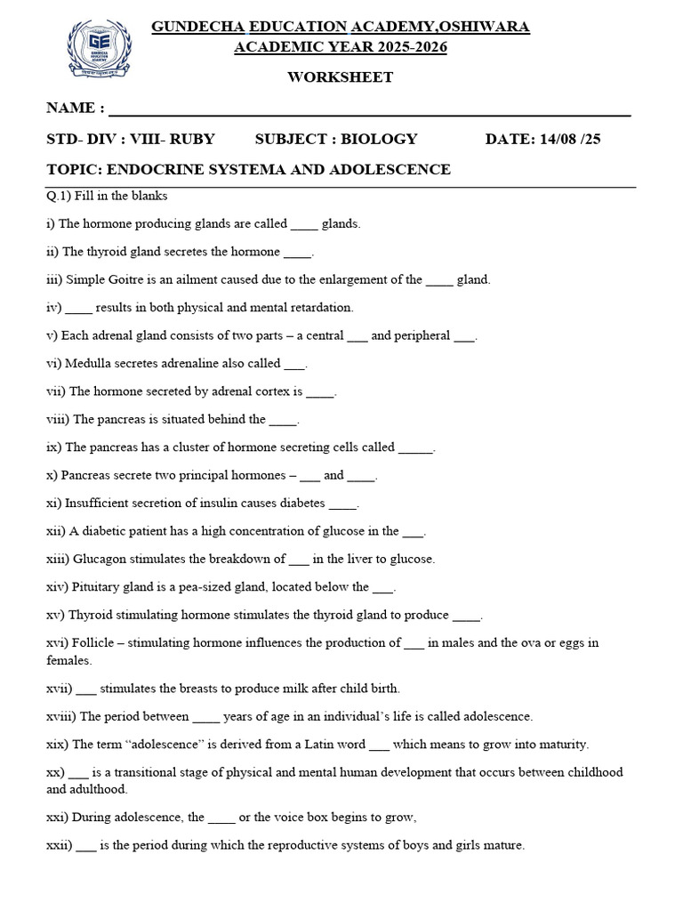 G8_Ruby_Bio_Ch_5_Enodcrine_system_and_Adolescence | PDF | Endocrine ...