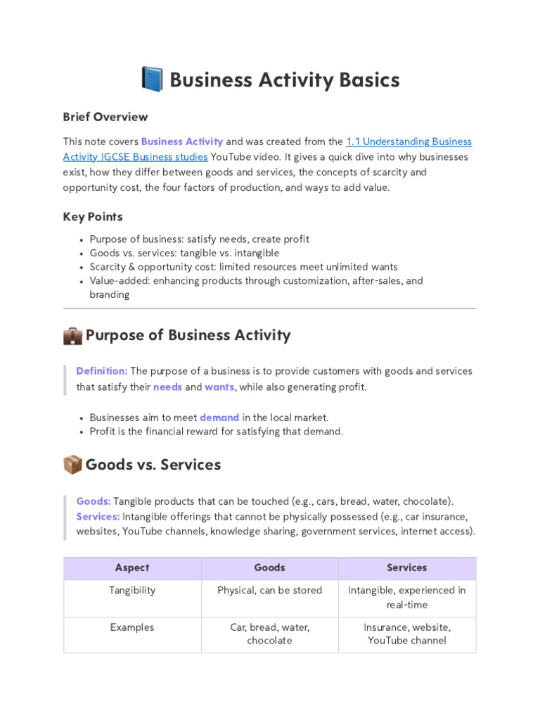 1.1 Understanding Business Activity IGCSE Business studies | PDF ...