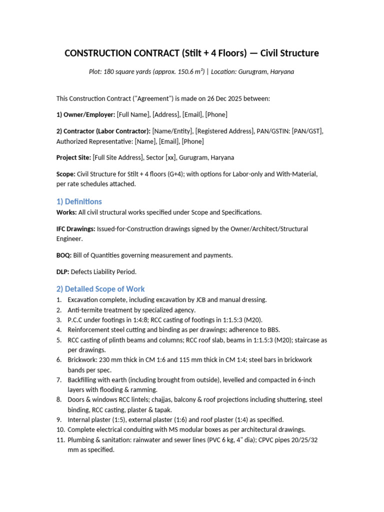 Draft Stilt+4 Construction Contract | PDF | Brick | Indemnity