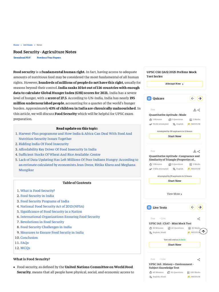 Food Security - Agriculture Notes | PDF | Food Security | Agriculture