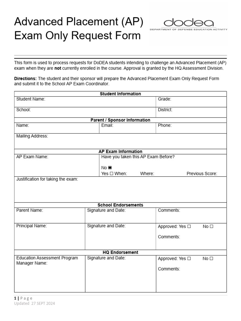 AP Exam Only Request Fillable Form 08272024 | PDF