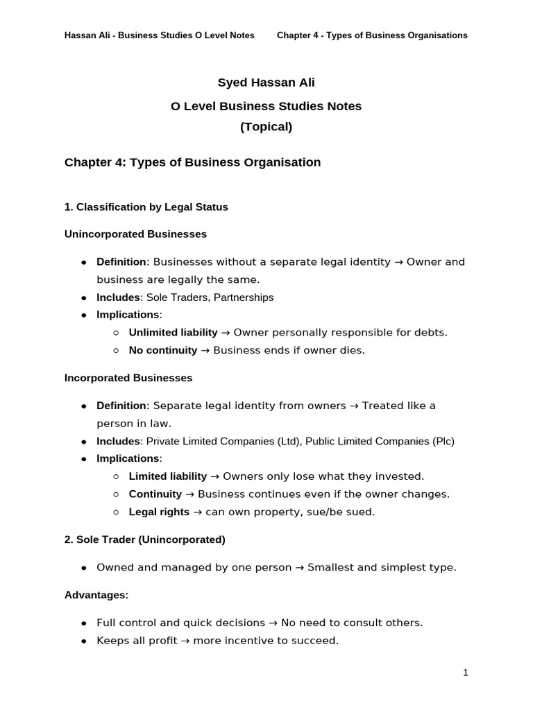 Chapter 4 Notes - Types of Business Organisation | PDF | Franchising ...