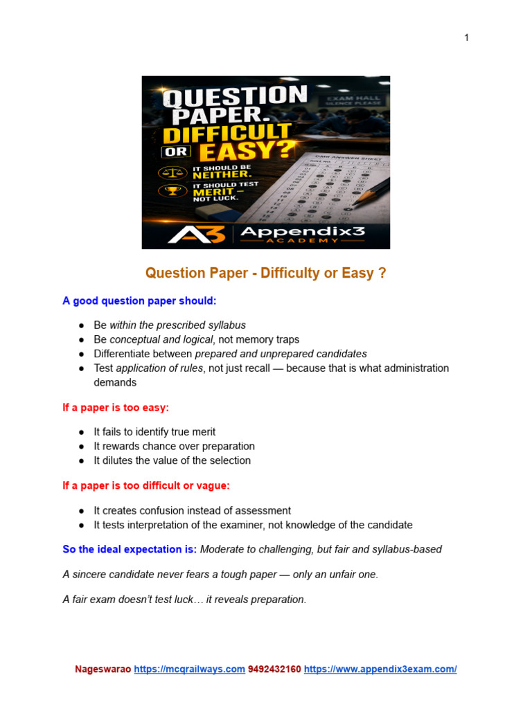 Question Paper - Difficulty or Easy | PDF
