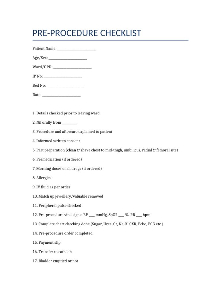 Pre Procedure Checklist | PDF