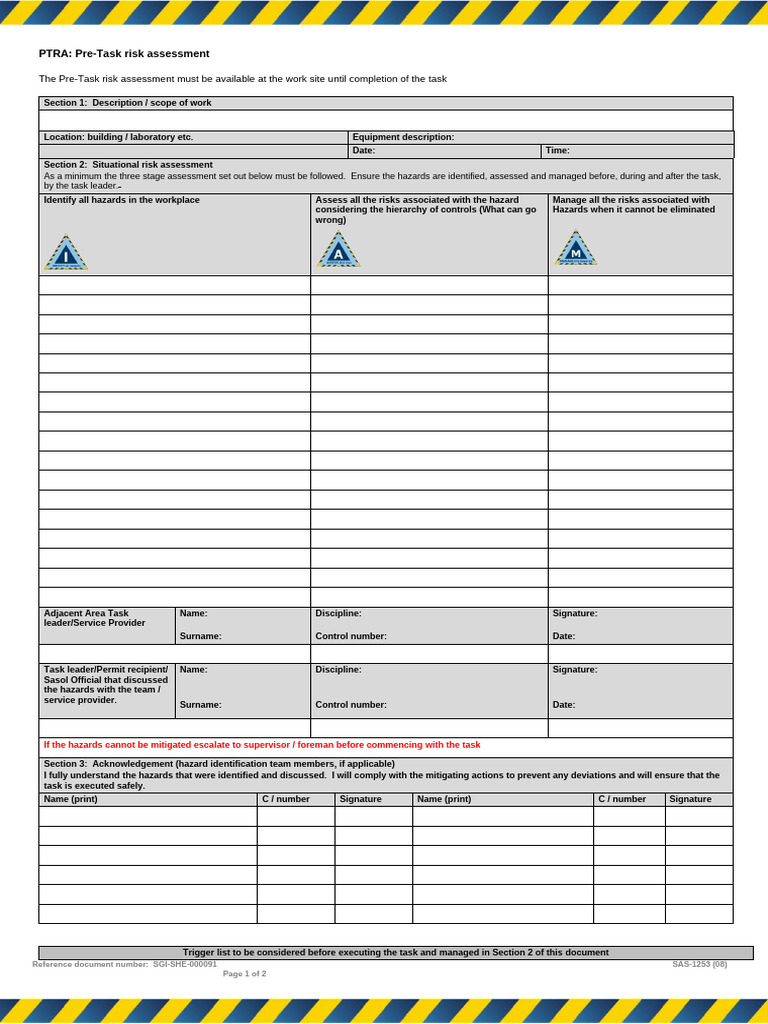 Sasol Pre-task Risk Assessment Template_0 | PDF | Hazards | Working ...