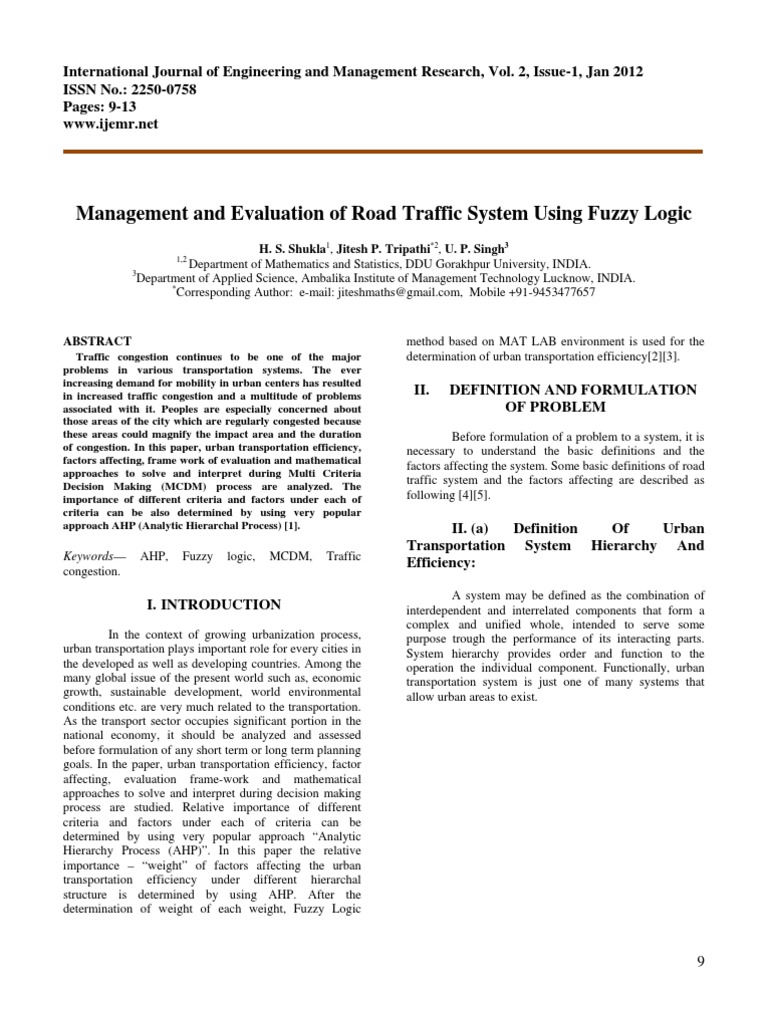 Management and Evaluation of Road Traffic System Using Fuzzy Logic ...