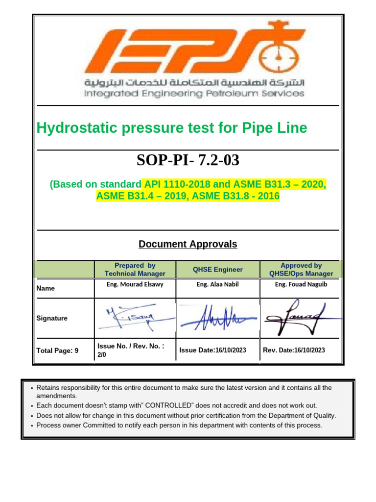 SOP-PI- 7.2-03 Hydrostatic Pressure Test for Piping | PDF | Leak | Pipe ...